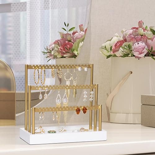 SANY DAYO HOME 3-Tier Earring Holder Organizer Stand, 105 Holes Gold Metal Earring Rack Jewelry Display Tree with White Wood Tray for Women and Girls thumbnail 2