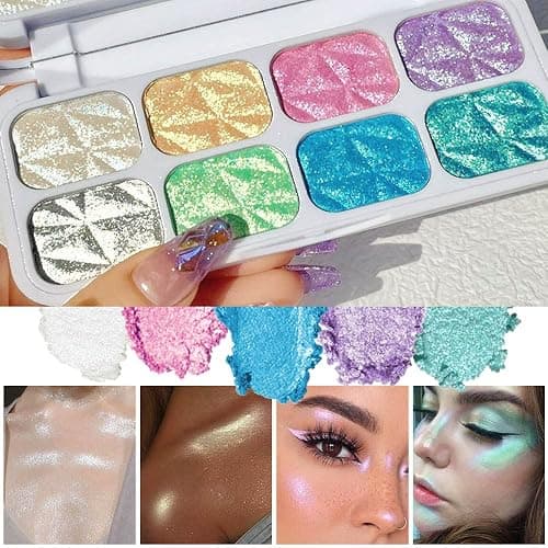 8 Color Face Cheek Highlighter Makeup Palette Shimmer Glitter Iridescent Multichrome Holographic Eyeshadow Palette Purple Rainbow Glitter Highlighter Makeup Highlight and Contour Chrome Eye Make up thumbnail 2