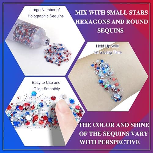 MEICOLY Red White and Blue Face Glitter,4th of July Patriotic Accessories,Star Hair Glitter for Kids,4th of July Outfits for Women,Self-Adhesive Body Glitter for President's Day Veterans Day thumbnail 8