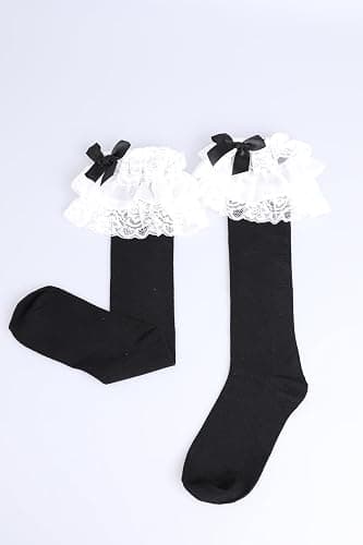 woosnscly Womens Lace Ruffle Knee High Socks Cute Bow Lolita Knee Highs Stockings Halloween Party Costume Long Socks, Cotton thumbnail 7