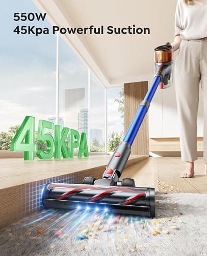 SunSare Cordless Vacuum Cleaner, 550W 45KPA 60Mins, Stick Vacuum with LED Touch Screen, Wall-mounted Charging, Self-Standing, Rechargeable Cordless Vacuum for Pet Hair/Carpet/Hard Floor, X9 thumbnail 2