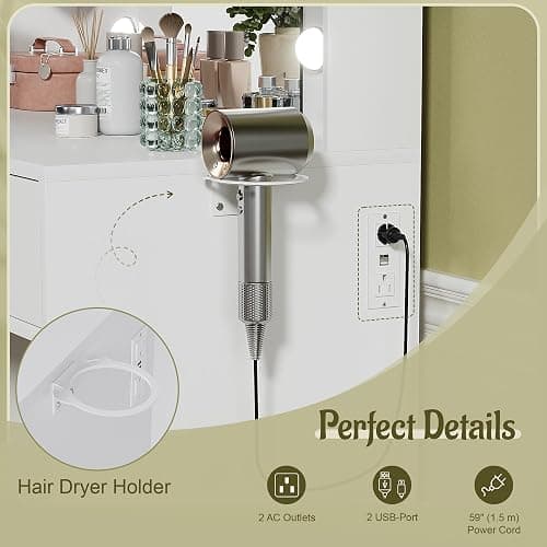 YESHOMY Vanity Desk with Mirror, Makeup Table with 2 Large Drawers, Power Outlet and Round Holder, 3 Color Modes Adjustable Bulb, White thumbnail 5