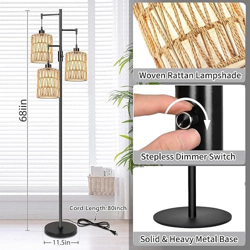 ZECOXOL Boho Floor Lamp for Living Room Bedroom-3 Light Dimmable Floor Lamp with Three Led Bulb, Rustic Tall Lamp Black Standing Lamp Tree Floor Lamps for Living Room Bedroom,Office,Corner thumbnail 5