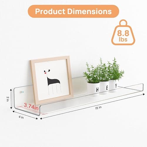 upsimples 6 Pack Acrylic Shelves for Wall Storage, 15" x 4“ Floating Bookshelves for Kids, Display Shelf Organizer for Bathroom, Bedroom, Living Room, Kitchen, Room Decor, Clear thumbnail 3