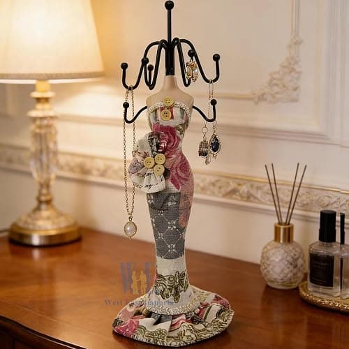 10.5" Mannequin Jewelry Stand, Tabletop Necklace & Bracelet Holder | Charming Dresser Decor: Blends an elegant floral mannequin form with functional metal hooks to elevate any vanity setup. thumbnail 2