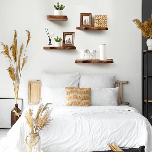 Pinkunn 4 Pcs Floating Shelves for Wall Rustic Wall-Mounted Natural Wooden Shelves Solid Wood with Live Edge Design Bathroom Bedroom Kitchen Storage Living Room Decor Nursery Shelf(4 Pcs,Small) thumbnail 7