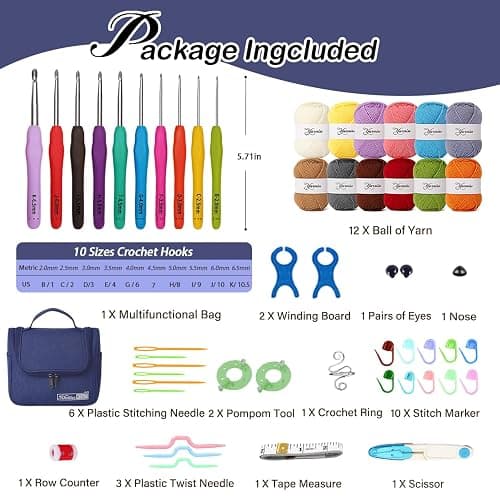 Knitiss Crochet Kits for Beginners Adults, All in One Crochet Starter Kit with 12 Pcs Crochet Yarn, 9 Size Ergonomic Crochet Hooks 2.0mm~6.0mm thumbnail 6