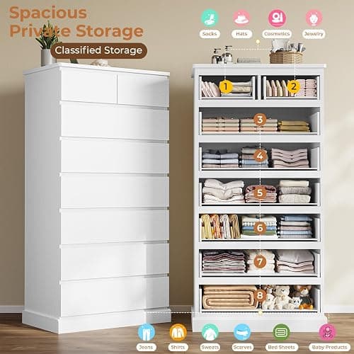 DICTAC White Tall Dresser for Bedroom with 8 Drawers, 59.6" Tall Dressers & Chests of Drawers, Modern Wood Closet Organizer and Storage Cabinet, Large Vertical Dresser for Bedroom, Closet, Hallway thumbnail 4