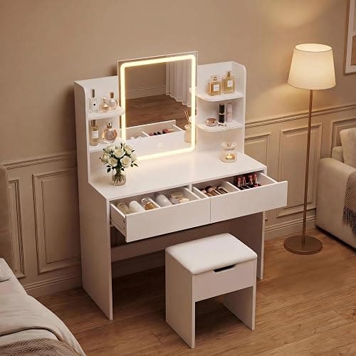 YESHOMY 35.4 Inch Vanity Desk Set with LED Mirror and Lights, Modern White | Makeup Vanity Set with 2 Drawers, Side Shelves, Storage Bench, Open Shelves and 3 Color Lighting Modes thumbnail 6