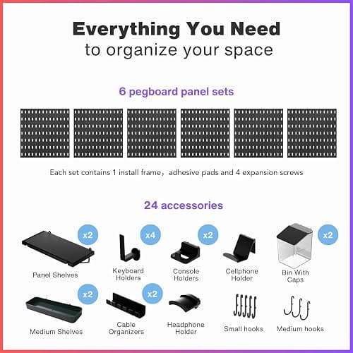 Keepo Peg Board Wall Organizer for Gaming Setup, Pegboard with Adhesives & Screw Mounts, Includes Peg Board Accessories for Gaming Accessories, Tech Storage & Office Organization (Black, 33″×22″) thumbnail 3
