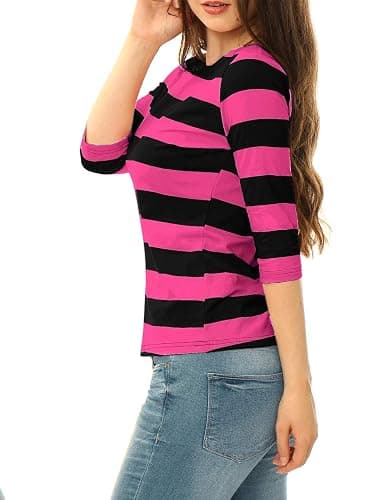 Allegra K Women's Elbow Sleeves Top Casual Boat Neck Slim Fit Stripe T-Shirt thumbnail 3