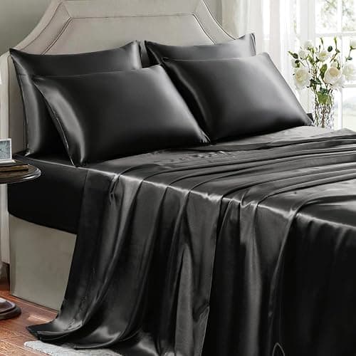 GOLAL Satin Sheets Full Size - 6 Pieces Luxury Silky Soft Bed Sheets, Wrinkle-Free Black Satin Silk Sheet Set with 1 Deep Pocket Fitted Sheet, 1 Flat Sheet, 4 Pillow Cases - Image 1