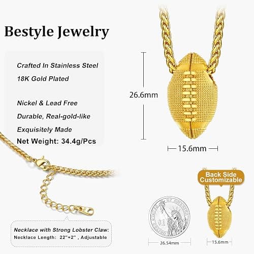 Bestyle Vivid Ball Pendants Sports Necklace for Men, Solid Stainless Steel Soccer/Basketball/Volleyball/Rugby Ball/Baseball Necklace in Silver/Black/Gold, Trendy Sport Fan Jewelry Collection Gift thumbnail 7