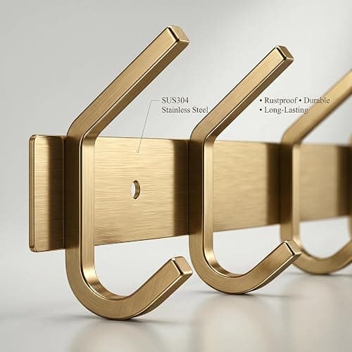 SAYONEYES Brushed Gold Wall Mounted Coat Rack – 12 Inch Stainless Steel Rail with 4 Double Coat Hooks for Entryway, Bathroom, Bedroom, Kitchen – Modern Gold Hook Rack for Coats, Hats, Towels thumbnail 5