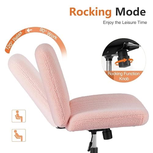 Sweetcrispy Criss Cross Office Chair, Vanity Chair No Wheels | Furry Teddy Fleece, Armless Wide Seat, Height Adjustable Swivel Desk, Task Computer Home Bedroom, Teddy Pink thumbnail 6