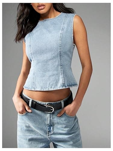 MakeMeChic Women's Denim Tank Top Crew Neck Tie Backless Asymmetrical Hem Y2k Crop Tops thumbnail 2