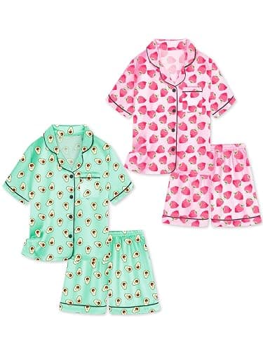 Vopawetty Satin Pajamas for Girls, 4-Piece Short Sleeve Button Down Silky PJ Set - Image 1