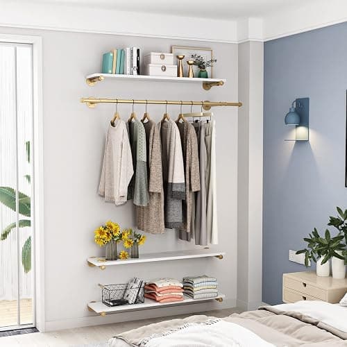 HOMEKAYT Industrial Pipe Clothing Rack Wall Mounted Garment Rack with 3-Tier Wooden Shelf Vintage Hanging Rack for Bedroom, Living Room - Gold thumbnail 3
