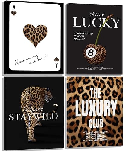 KBIERQN 4pcs Trendy Leopard Prints Canvas Wall Art Lucky 8 Ball Poster Preppy Room Stay Wild Cheetah Pictures Luxury Club Poster for Girls Bedroom Apartment Dorm Wall Decor 12x16In Framed - Image 1