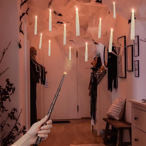 ORIENTAL CHERRY Halloween Decorations - Floating Candles with Wand - 12 Pcs Magic Flickering Warm Light Flameless Floating LED Candle Christmas Decor for Indoor Classroom Bedroom Party - Pillar Candles with Wand Remote thumbnail 4