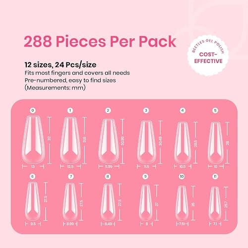 Beetles Gel Nail Tips Long Coffin Pre-Etched Nail Tips, 12 Sizes 288Pcs Pre Shaped Soft Gel Clear Nail Full Cover False Nail Tips Acrylic Glue on Nails Extension Fake Nails Manicure Gifts for Women thumbnail 6