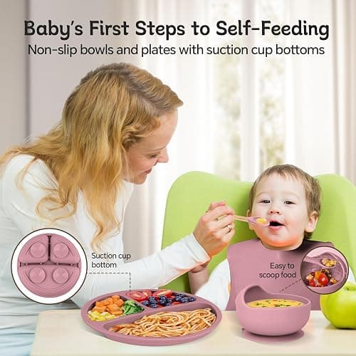 SHGMEET Silikon Baby Geschirrset, Baby-Fütterungsutensilien, Baby-Saugnapf, Teller, Lätzchen, Löffel-Set, Baby-geführtes Entwöhnungszubehör, Spülmaschinenfest (Rosa) - Rosa thumbnail 2