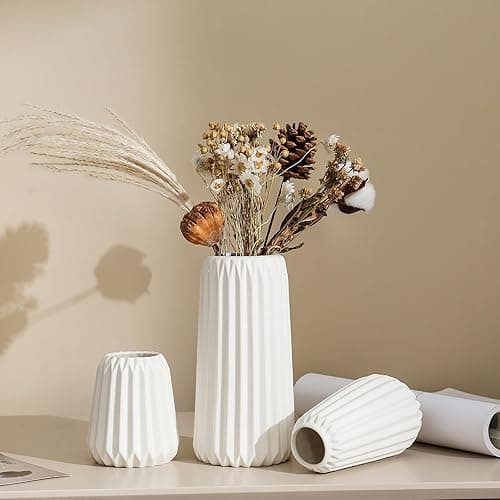Sawoake Keramik Vasen Set von 3 - Weiße Matte Vasen für Pampasgras, Trockenblumen & Home Decor, Modernes Boho und Skandinavisches Design mit Natürlicher Textur（Wohnzimmer, Esszimmer, Hochzeitstisch） thumbnail 5