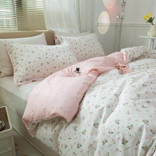 LifeTB Garden Style Duvet Cover Floral Print Bedding Sets King Pink White Floral Comforter Cover Cotton Chic Flower Print Duvet Cover for Girl Women Boho with Zipper Closure 4 Ties thumbnail 3