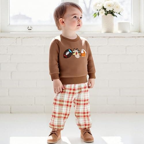 Mobbdow Toddler Baby Boy Thanksgiving Outfit Football Turkey Pumpkin Pie Crewneck Sweatshirt and Plaid Pants Set Fall Clothes thumbnail 3