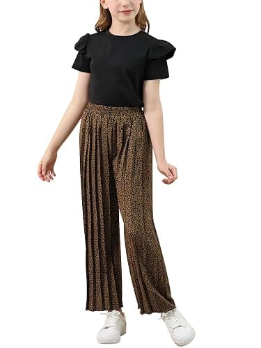 GORLYA Girls Clothing Sets Ruffle Trim Short Sleeve Tops Casual Printed Pleated Wide Leg Pants 2 PCS Outfit Suits 6-14Y - Image 1