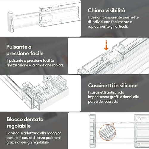 Lifewit 4 Divisori per Cassetti Cucina Alti 6cm, 40.6-56cm, Organizer Regolabili per Utensili, Vestiti e Trucchi, Separatori per Cassetti in Plastica per Camere da Letto thumbnail 5
