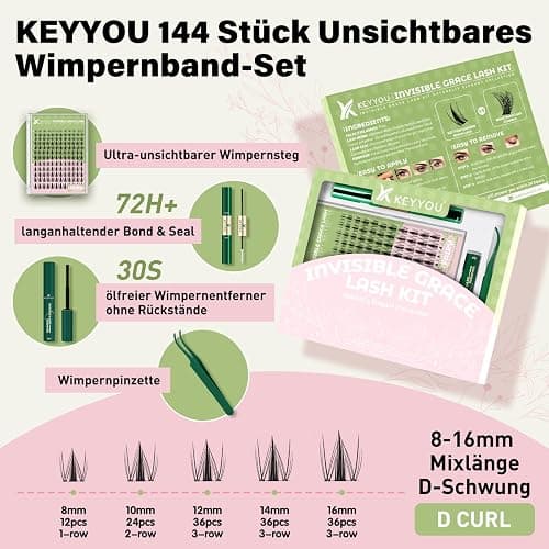 KEYYOU LASH Fairy Lash Clusters Kit Manga Wimpernverlängerung Kit D Curl 144Pcs Wimpernverlängerung Kit Wispy Natürliche unsichtbare Band Wimpern Kit(Fairy Kit-D-8-16MIX) thumbnail 2
