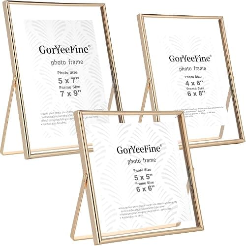 Gold Floating Picture Frames Set of 3, Metal Geometric Photo Frame with Glass Cover Includes(5x7'',4x6'', 5x5''),Tabletop Floating Picture Frames for Home Wedding Decoration,Gift for Christmas,Wedding - Image 1