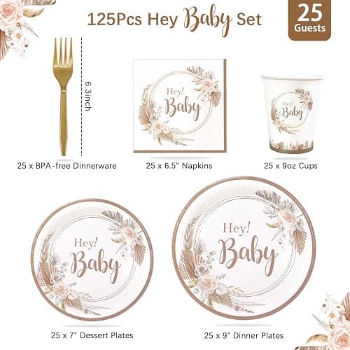 Heboland Babyparty Deko Partygeschirr Set, 125 Stück Neutral Hey Baby Party Decoration Teller Becher Servietten für Baby Shower Deko thumbnail 2