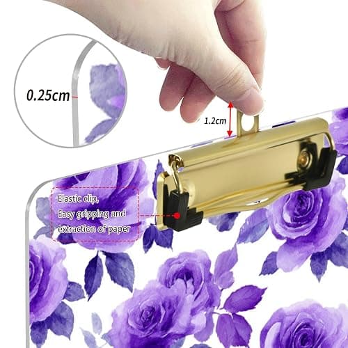 Clipboard,Purple Roses Rosebuds Acrylic Clipboard A4 Letter Size Board with Low Profile Gold Clip,Clip Boards for Kids Students School Office Supplies 12.5" X 9" thumbnail 4