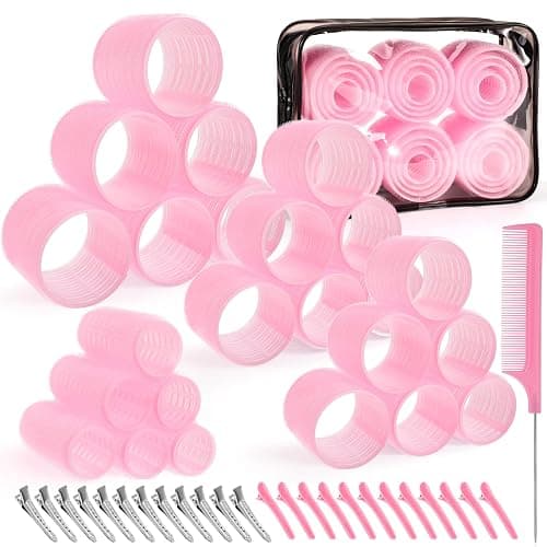 4 Sizes Self-Grip Hair Rollers Set for Long, Short Hair and Bangs - 50 Pcs with Clips (25mm, 36mm, 48mm, 60mm), Pink - Image 1