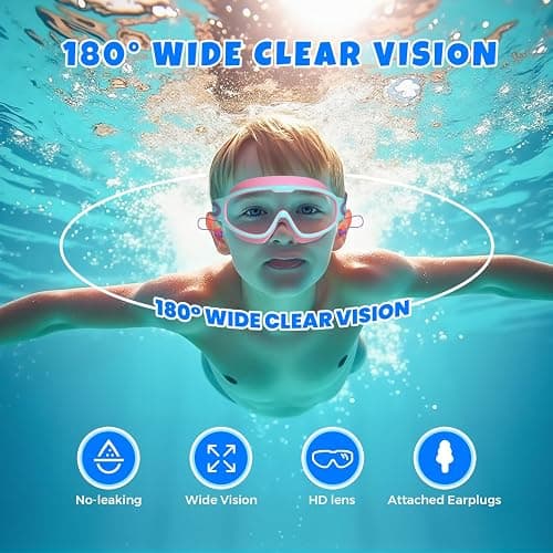 YLKJSWIM Swim Goggles for Kids 3-15 with Earplugs Large Frame Anti-Fog/UV Swimming Goggles for Boys Girls Toddler 2PCS - Coral Purple &Pink thumbnail 4