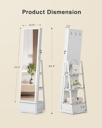 Nicetree 360°Swivel Mirror Jewelry Cabinet, LED Jewelry Cabinet Armoire, Standing Jewelry Mirror Organizer with Storage, Rear Shelves, Interior Mirror, Drawer, Black Lining thumbnail 3