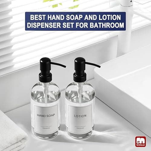 GMISUN Glass Soap Dispenser with Pump, 2 Pack Clear Bathroom Hand Soap Dispenser with Stainless Steel Pump, 16 Oz Refillable Kitchen Hand and Dish Soap Dispensers Set, Modern Liquid Pump Bottles thumbnail 5