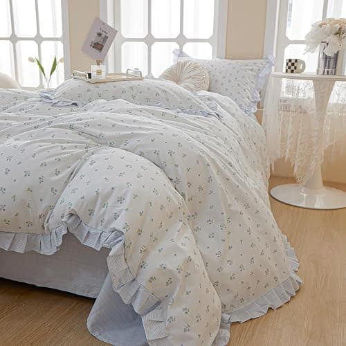 MOTNTD Blue Floral Duvet Cover Full Blue Ruffle Boho Comforter Cover Full Size Coquette Cotton Cozy Lightweight Duvet Cover Set with Hidden Zipper Cute Bedding Sets Aesthetic Duvet Protector thumbnail 2