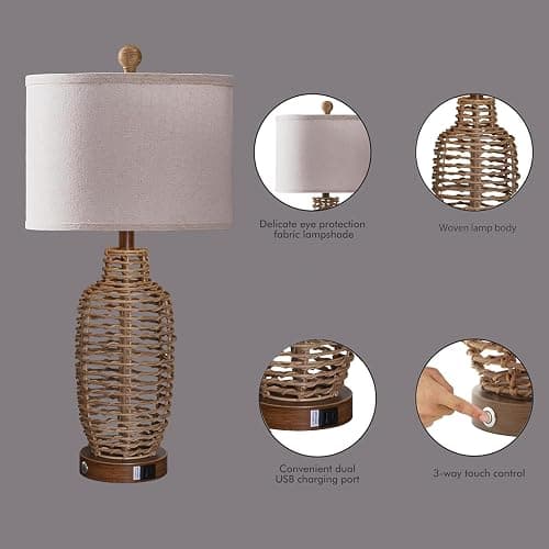 YIMNOVP Rattan Table Lamps Set of 2 Wicker Lamps 3 Way Dimmable Touch Control Farmhouse Rustic Coastal Lamps with USB Port for Bedroom Living Room Office (LED Bulbs Included) thumbnail 6