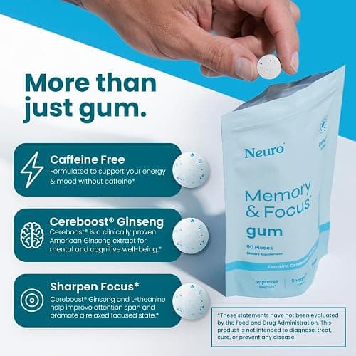 Neuro Memory & Focus Gum - Nootropic Gum with Vitamin B12, Vitamin B6, L-Theanine & Ginseng Extract - Natural Brain Support Supplement - Vegan, Caffeine & Sugar Free Chews - Peppermint, 90 ct thumbnail 2