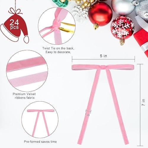 24 PCS Velvet Christmas Bows for Christmas Tree 5" x 7" Rustic Crafts Gift Ribbon Bows Twist Tie Bows for Xmas Wreaths Garland Gift Wrapping Ornaments for Xmas Decorations thumbnail 3