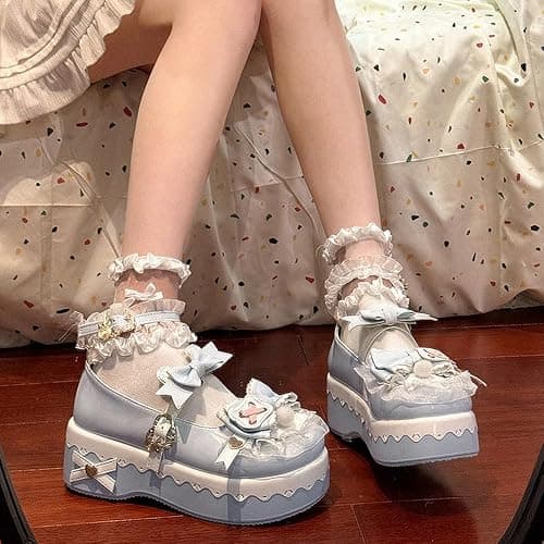 FQLGJMY Damen Lolita Mary Jane Schuhe Gothic Runde Zehenpartie Klobiger Plateauabsatz Spitze Bunt Punkrock Süß Kawaii Mit JK Bubble Princess-Kleid Denim-Lederrock Jeans thumbnail 2