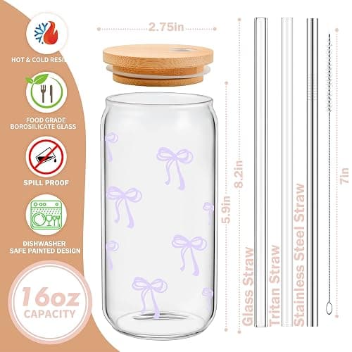 Coquette Cute Lavender Light Purple Bow Glass Cups with Lids and Straws, Aesthetic Iced Coffee Cup Preppy Room Decor, Christmas Valentines Birthday Gifts for Women, Teen Girl Gifts Trendy Stuff thumbnail 3