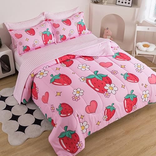 ADASMILE A & S Kids Strawberry Comforter Set Twin Size for Girls 5 Piece Pink Kawaii Flower Bedding Set Kids Strawberry Bed in A Bag Comforter (1 Comforter,1 Flat Sheet,1 Fitted Sheet & 2 Pillow Sham) thumbnail 2