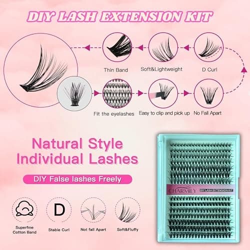 Charmily DIY Lash Clusters Kit – 280pcs Volume Lashes clusters, D Curl Soft Wispy Lash extension kit 40D+50D Mix 9-16mm Eyelash Cluter Glue Bond Seal & Remover and tweezers, Easy At-Home Application thumbnail 2