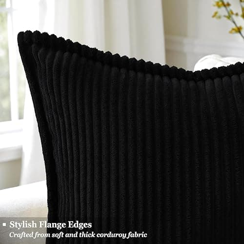 decorUhome Fall Corduroy Black Throw Pillow Covers 24x24 Set of 2 | Euro Sham Couch Decorative Soft Modern Boho Farmhouse Pillow Covers Broadside Striped Pillow Cases for Living Room Bed Sofa thumbnail 2