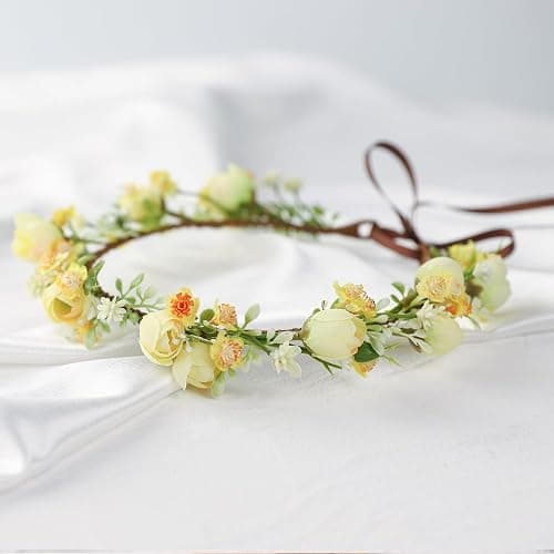 KorViSHOW Handmade Flower Crown Floral Headpiece Green Leaf Headband Wedding Flower Crowns for Bride Floral Garland Hair Wreath Birthday Party(Yellow Style) thumbnail 4