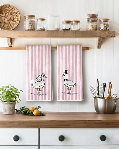 FGFK Mr and Mrs Goose Pink Striped Kitchen Towels 16x24 Inch, Wedding Gifts for Couples Newlyweds Dish Tea Towels for Kitchen Decor, Just Married Gifts Decorative Hand Towel for Bathroom, Set of 2 thumbnail 6